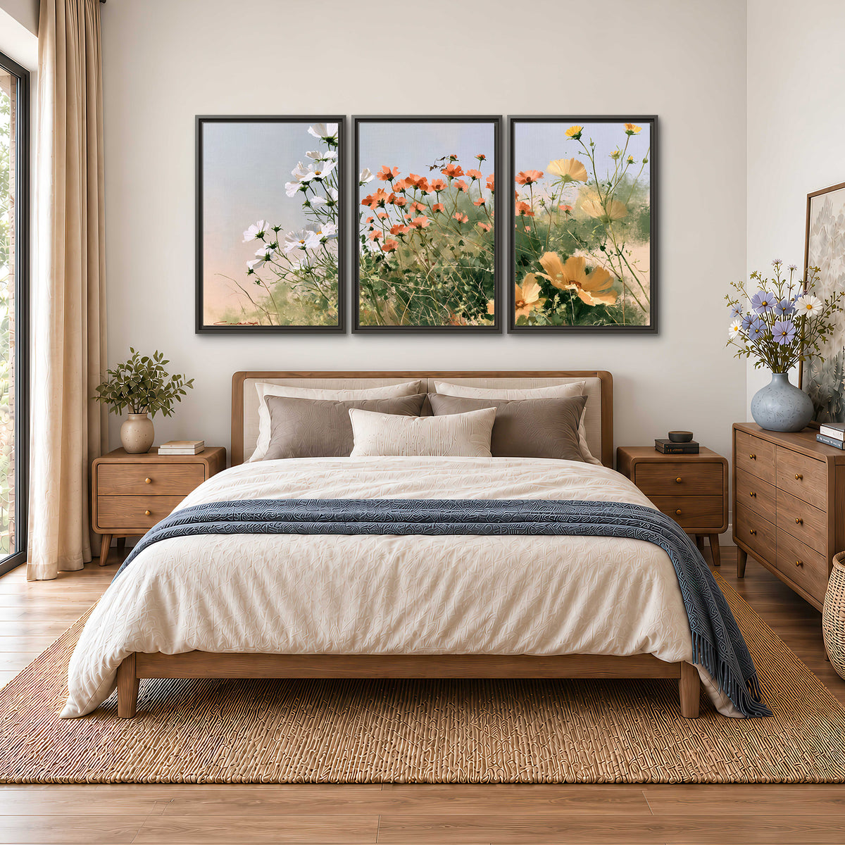 White and orange meadow flowers with fine green stems under a pale sky 3 piece framed canvas wall art styled in an interior