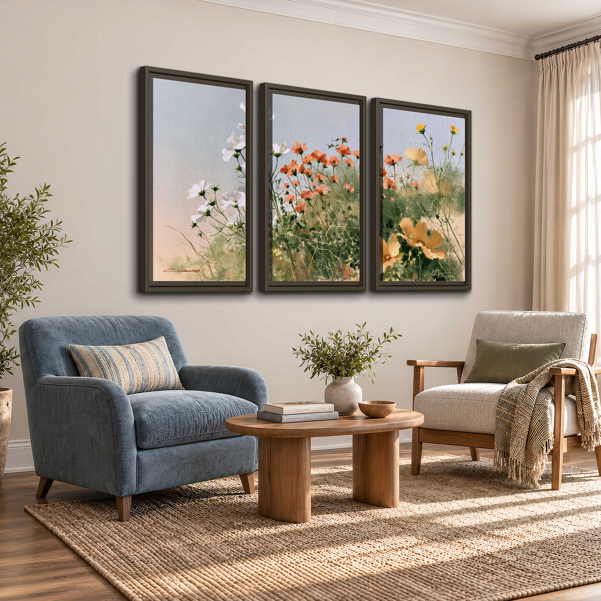 White and orange meadow flowers with fine green stems under a pale sky 3 piece framed canvas wall art styled in an interior
