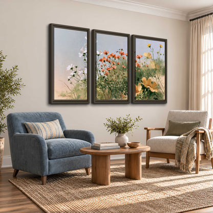 White and orange meadow flowers with fine green stems under a pale sky 3 piece framed canvas wall art styled in an interior