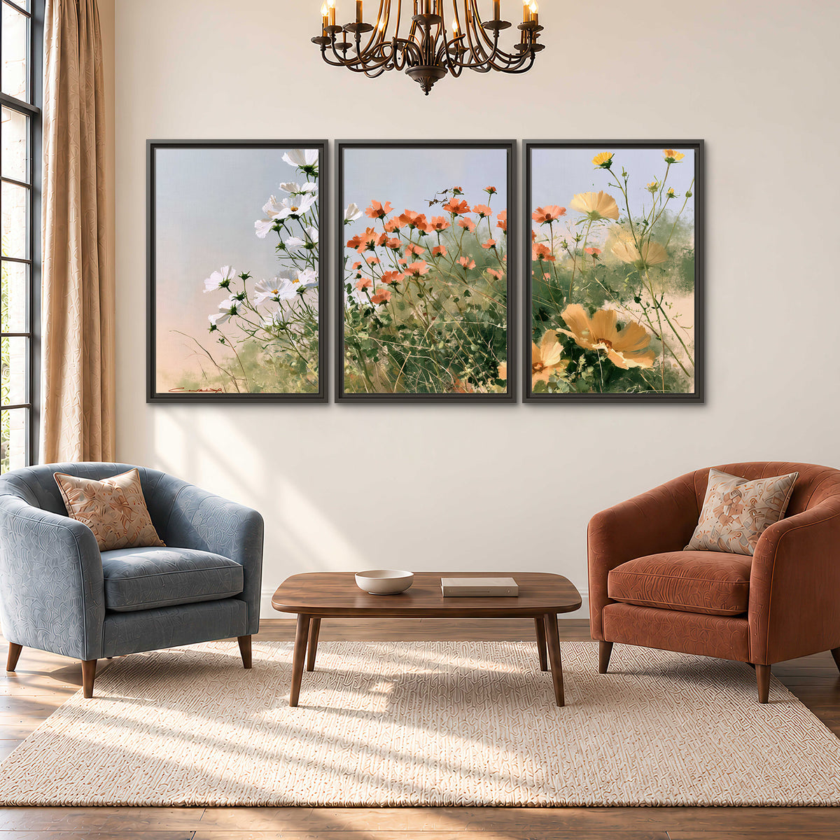 White and orange meadow flowers with fine green stems under a pale sky 3 piece framed canvas wall art styled in an interior