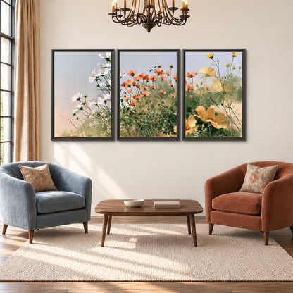 White and orange meadow flowers with fine green stems under a pale sky 3 piece framed canvas wall art styled in an interior