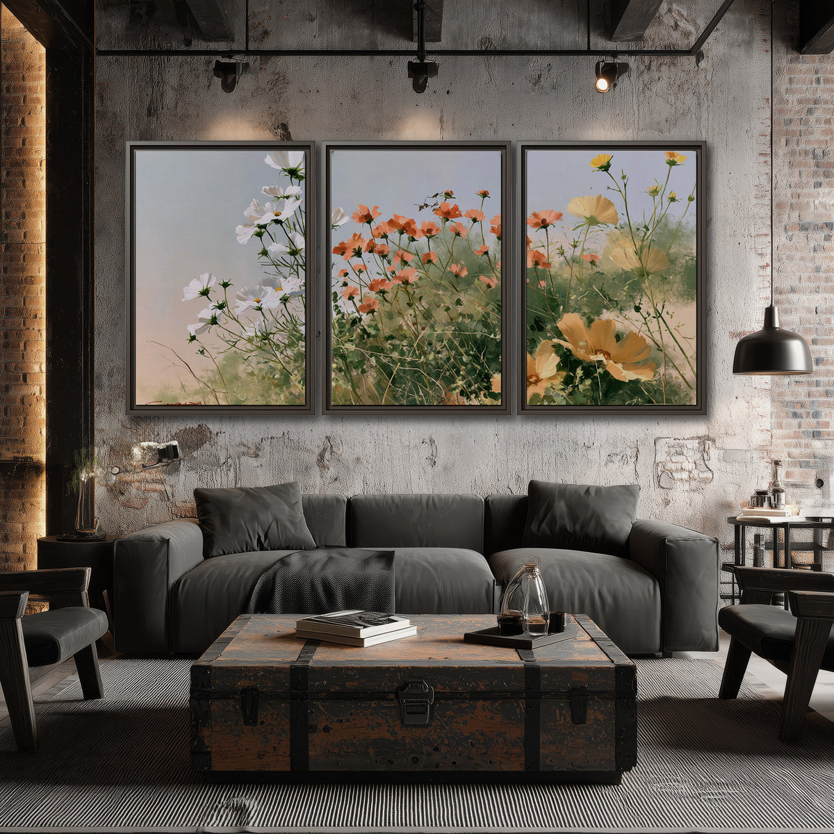 White and orange meadow flowers with fine green stems under a pale sky 3 piece framed canvas wall art displayed in a industrial room