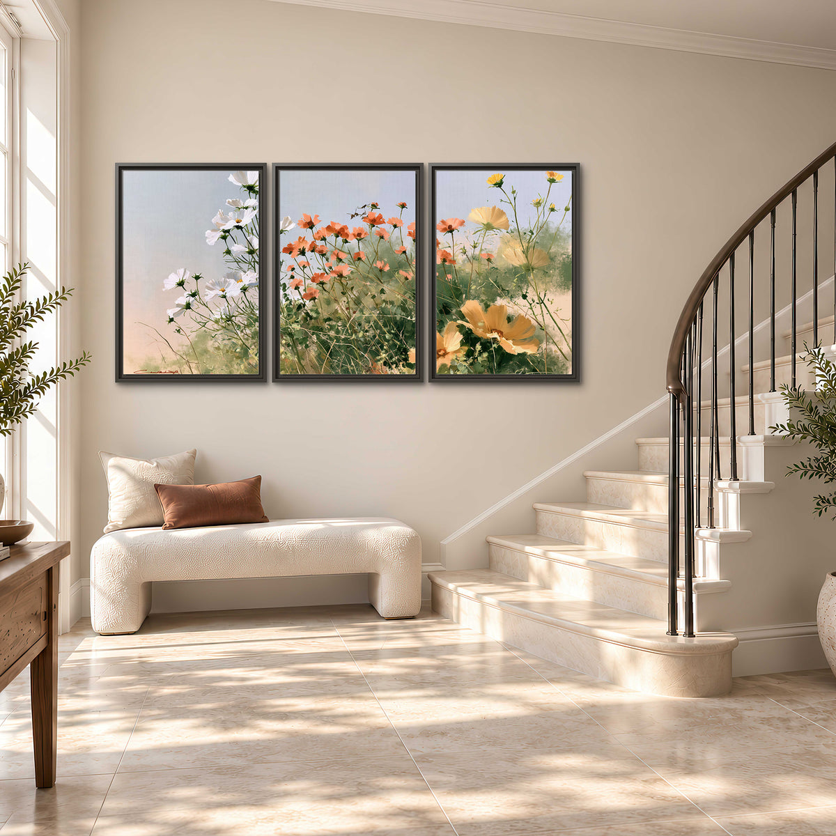 White and orange meadow flowers with fine green stems under a pale sky 3 piece framed canvas wall art styled in an interior