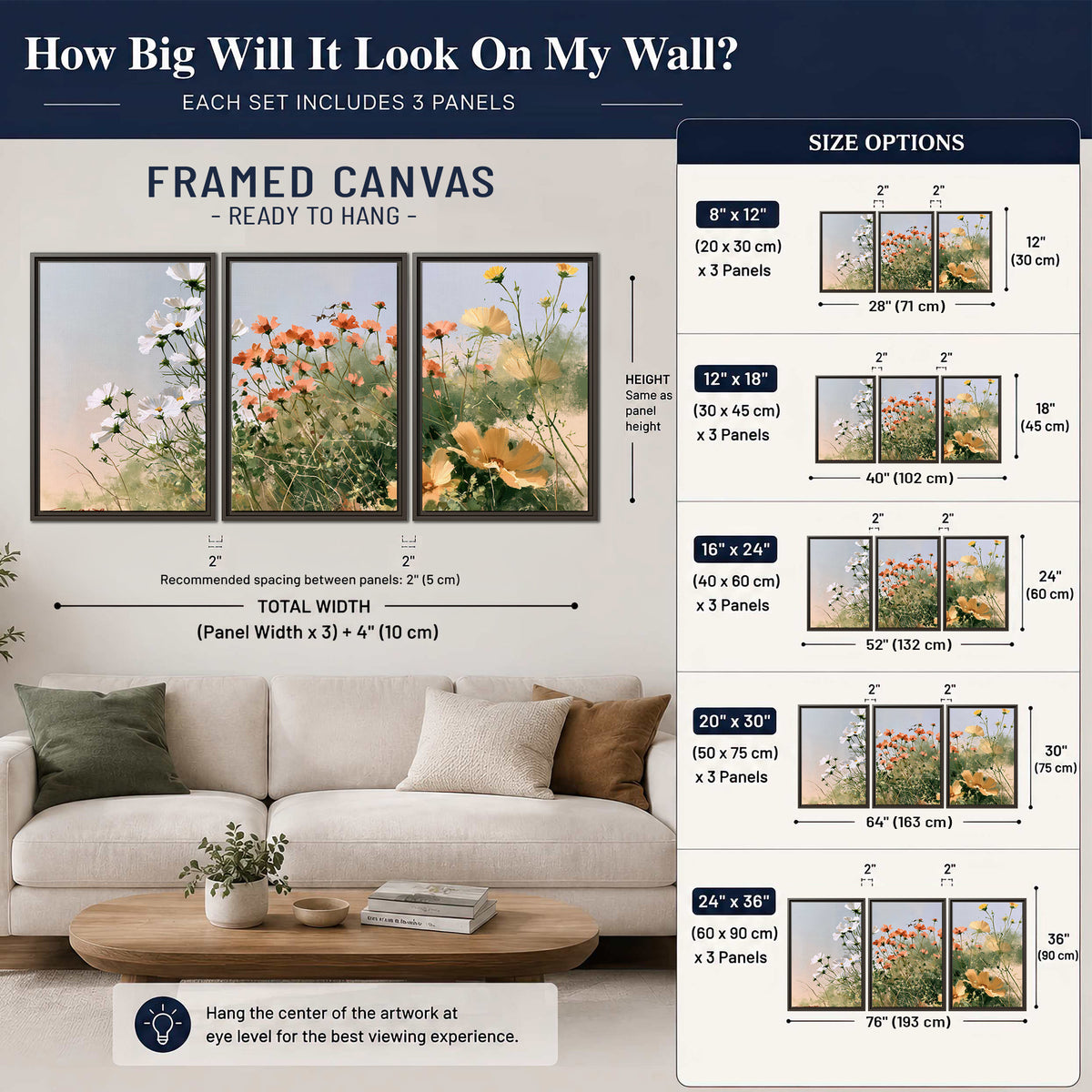 White and orange meadow flowers with fine green stems under a pale sky 3 piece framed canvas wall art size guide above a sofa; room view is illustrative