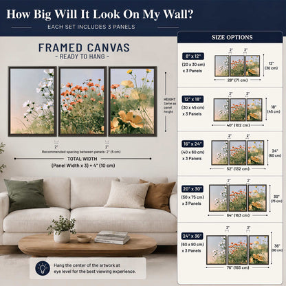 White and orange meadow flowers with fine green stems under a pale sky 3 piece framed canvas wall art size guide above a sofa; room view is illustrative