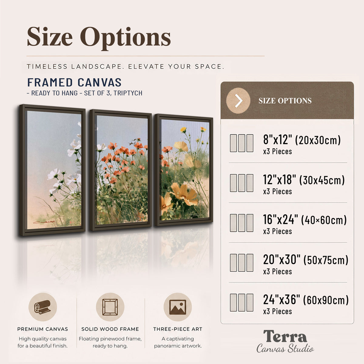White and orange meadow flowers with fine green stems under a pale sky 3 piece framed canvas wall art available dimensions; triptych dimensions are per panel
