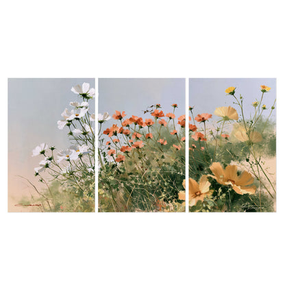White and orange meadow flowers with fine green stems under a pale sky set of 3 poster prints viewed straight on