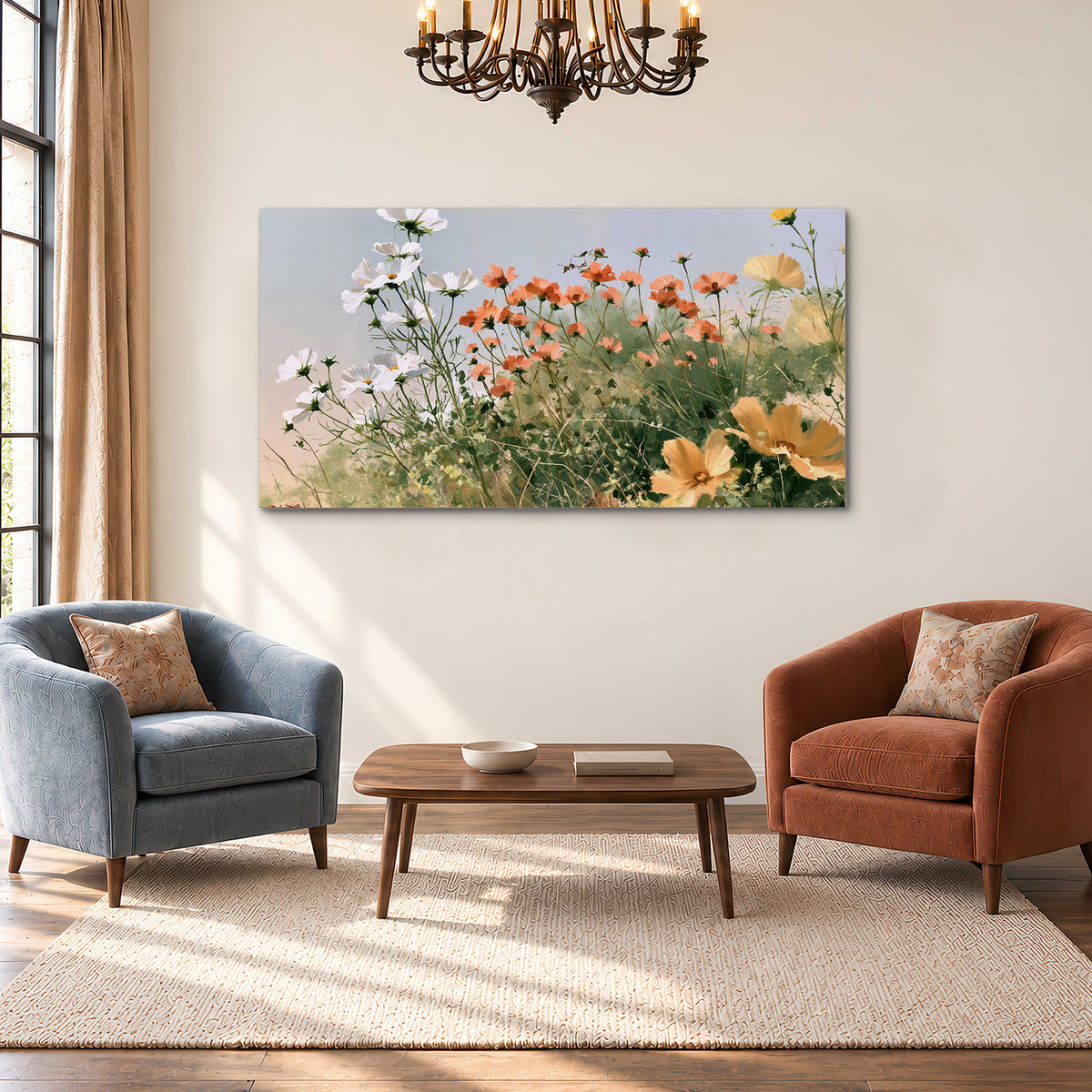 White and orange meadow flowers with fine green stems under a pale sky single canvas wall art styled in an interior