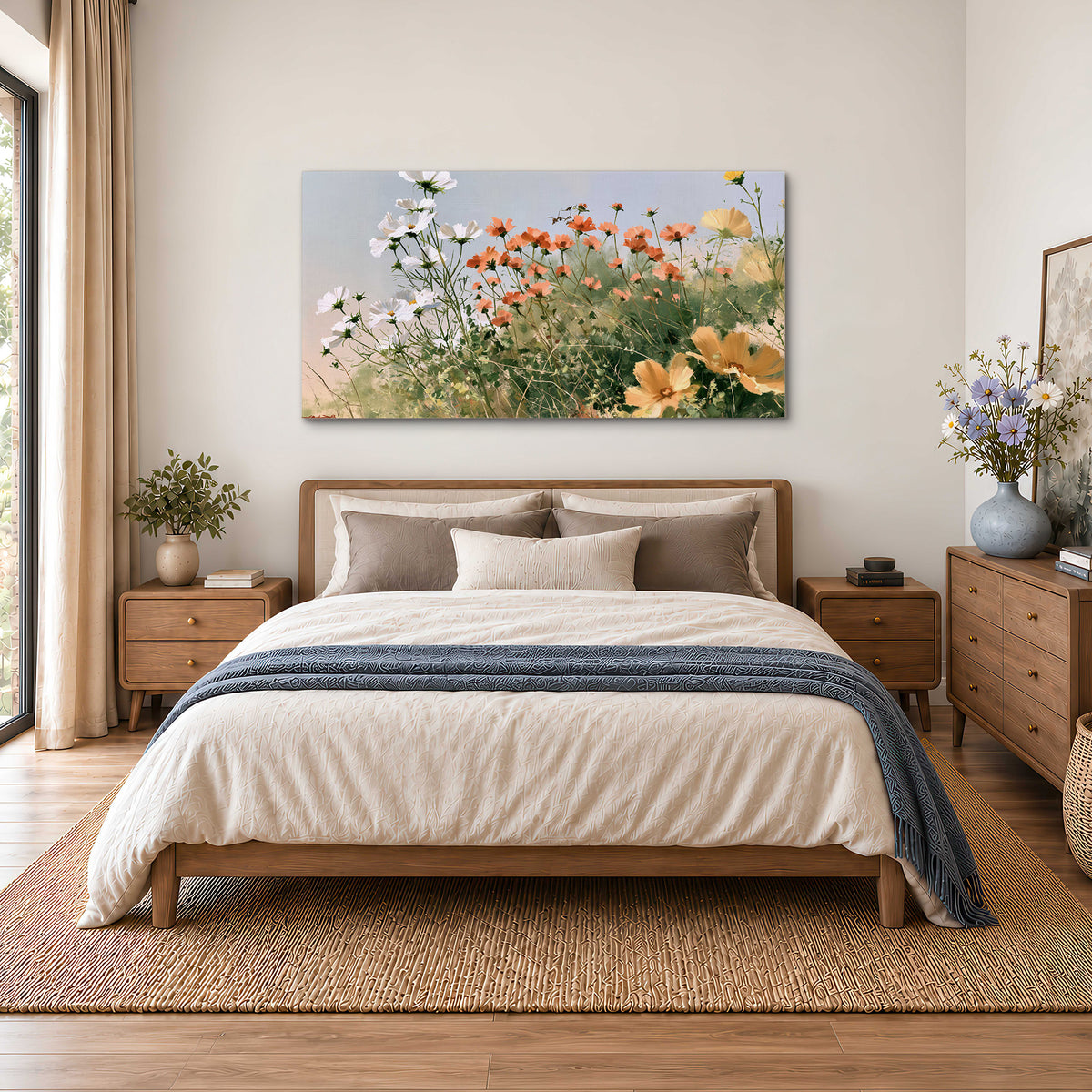 White and orange meadow flowers with fine green stems under a pale sky single canvas wall art styled in an interior