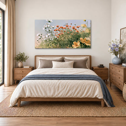 White and orange meadow flowers with fine green stems under a pale sky single canvas wall art styled in an interior