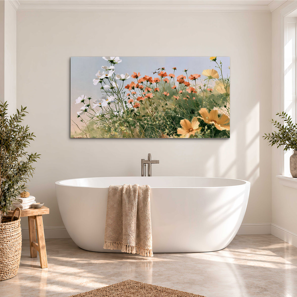 White and orange meadow flowers with fine green stems under a pale sky single canvas wall art styled in an interior