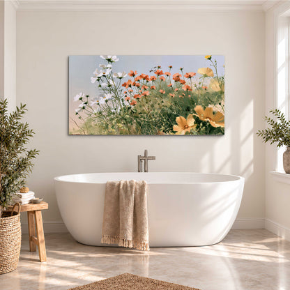 White and orange meadow flowers with fine green stems under a pale sky single canvas wall art styled in an interior