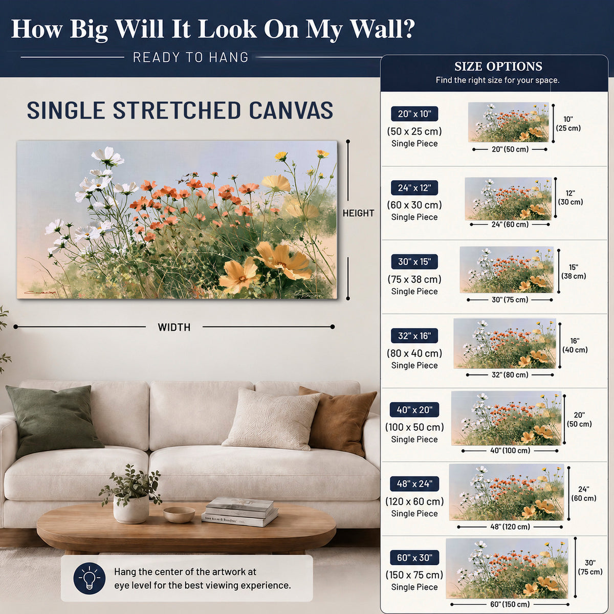 White and orange meadow flowers with fine green stems under a pale sky single canvas wall art size guide above a sofa; room view is illustrative