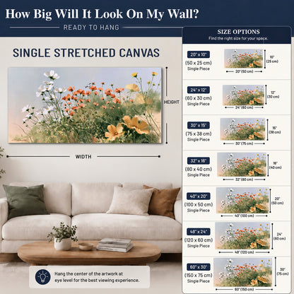 White and orange meadow flowers with fine green stems under a pale sky single canvas wall art size guide above a sofa; room view is illustrative