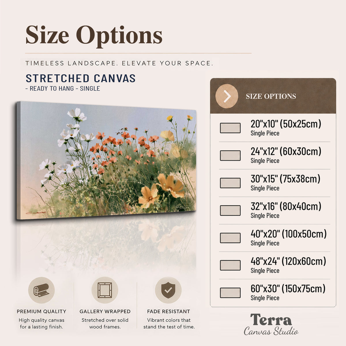 White and orange meadow flowers with fine green stems under a pale sky single canvas wall art available dimensions