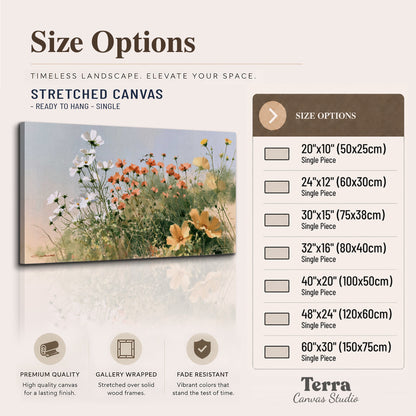 White and orange meadow flowers with fine green stems under a pale sky single canvas wall art available dimensions