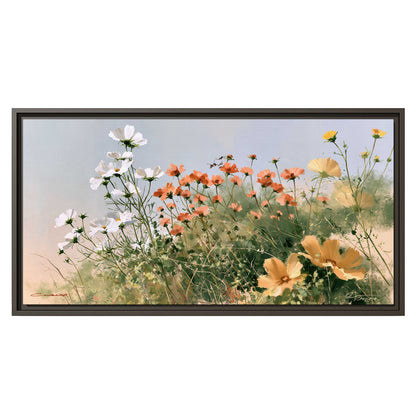 White and orange meadow flowers with fine green stems under a pale sky single framed canvas wall art viewed straight on