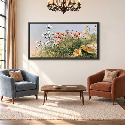 White and orange meadow flowers with fine green stems under a pale sky single framed canvas wall art styled in an interior