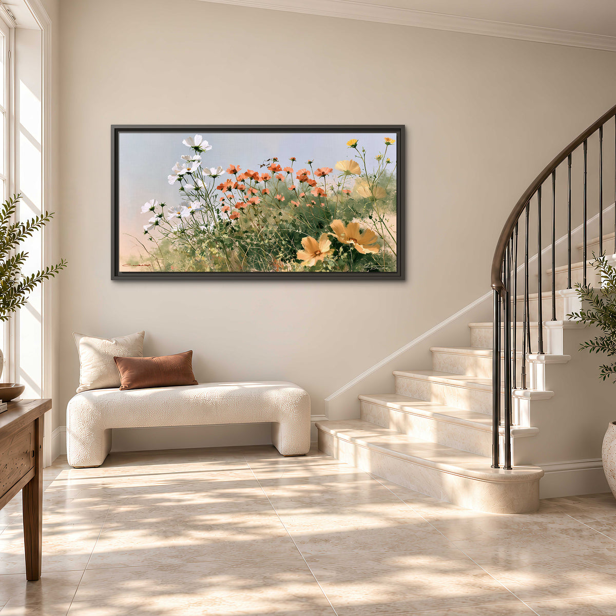 White and orange meadow flowers with fine green stems under a pale sky single framed canvas wall art styled in an interior