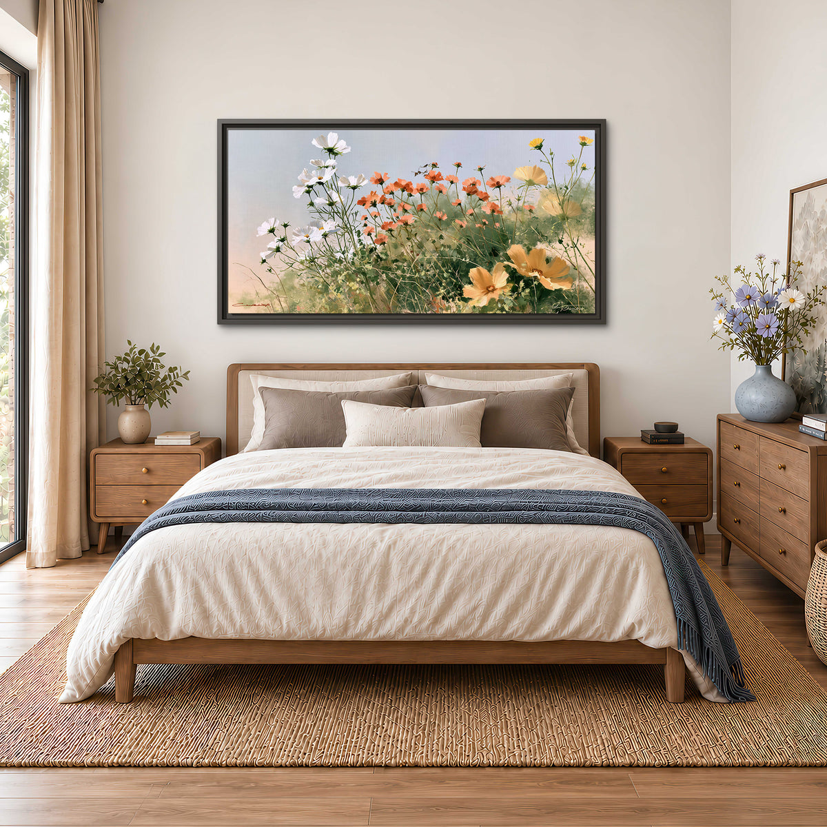 White and orange meadow flowers with fine green stems under a pale sky single framed canvas wall art styled in an interior
