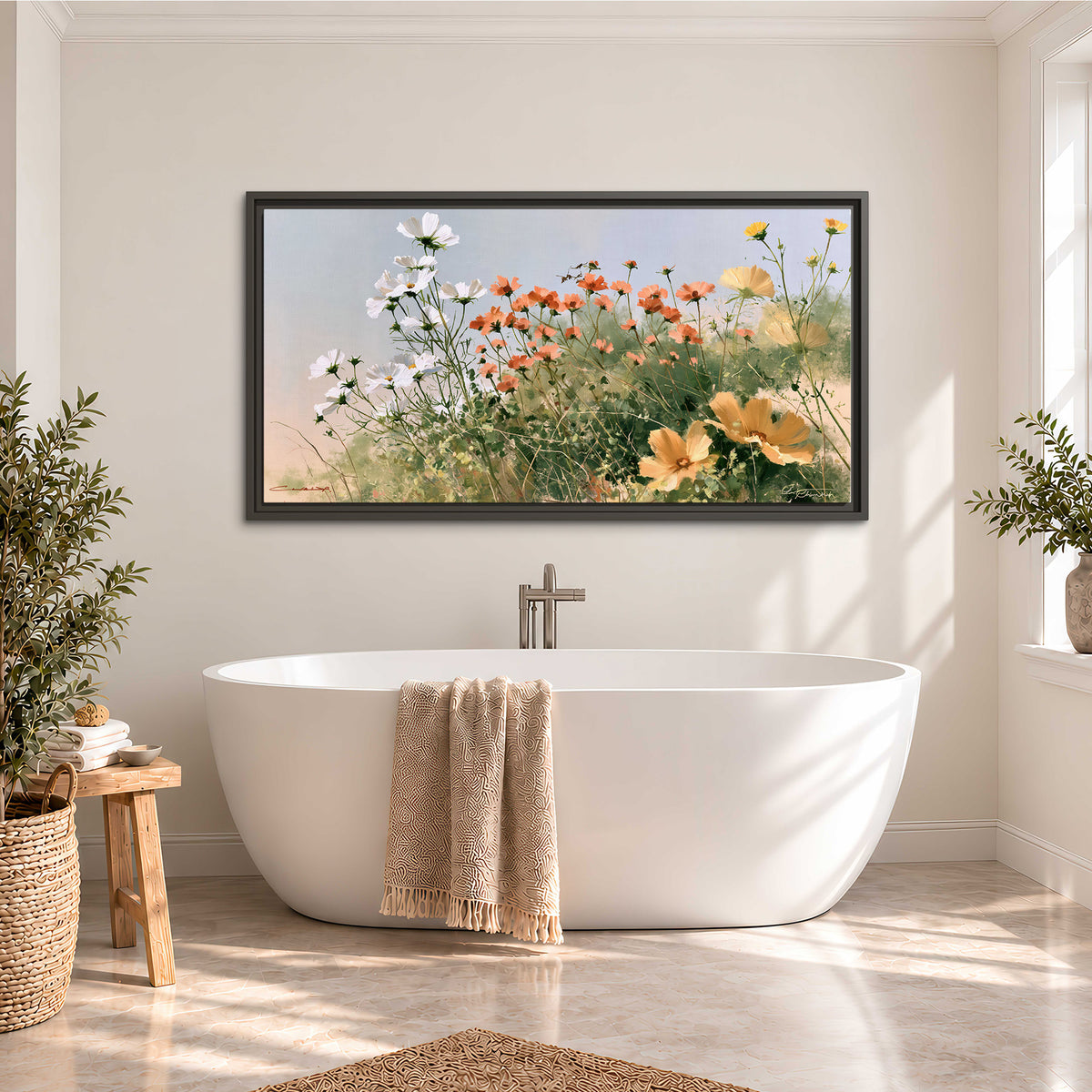 White and orange meadow flowers with fine green stems under a pale sky single framed canvas wall art styled in an interior