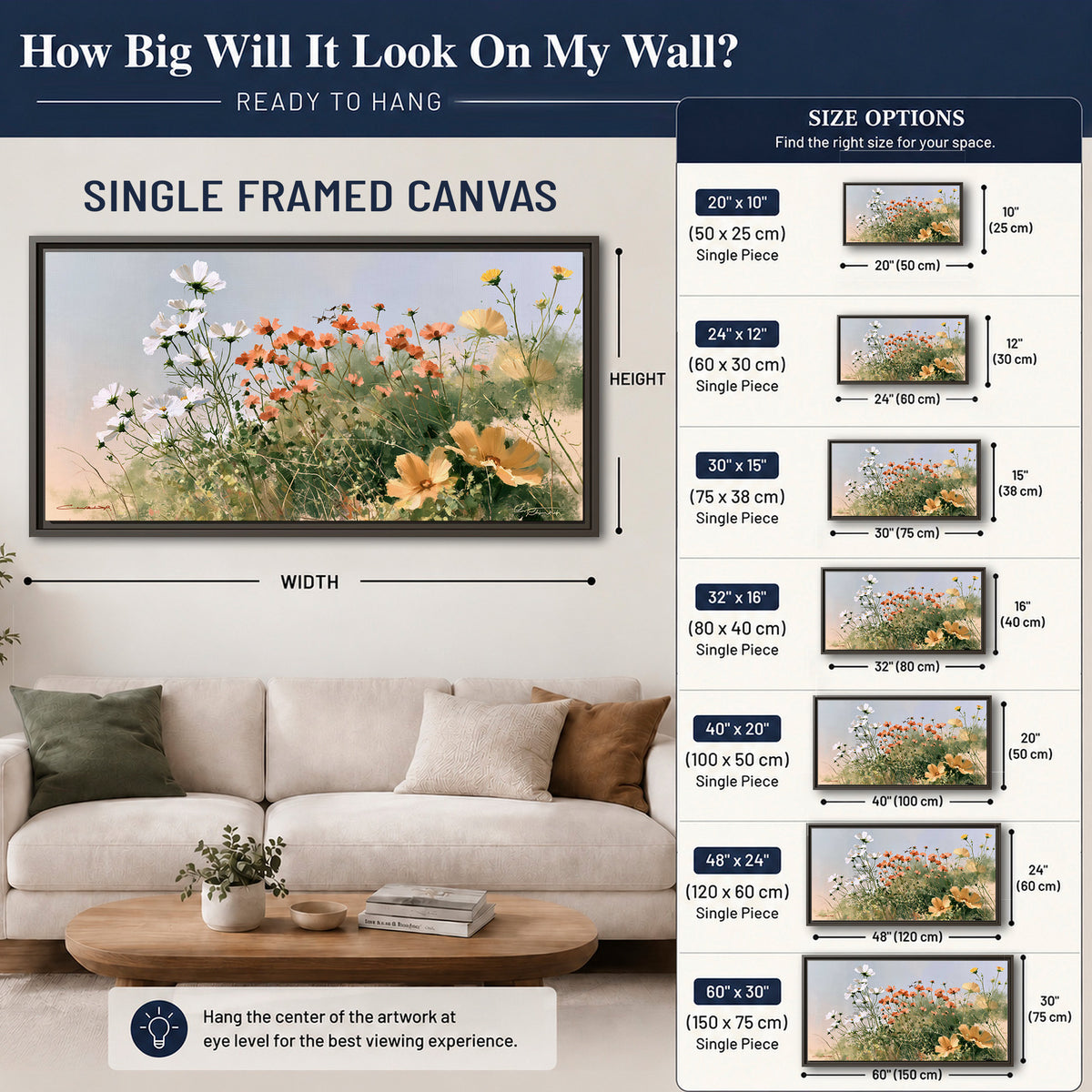 White and orange meadow flowers with fine green stems under a pale sky single framed canvas wall art size guide above a sofa; room view is illustrative