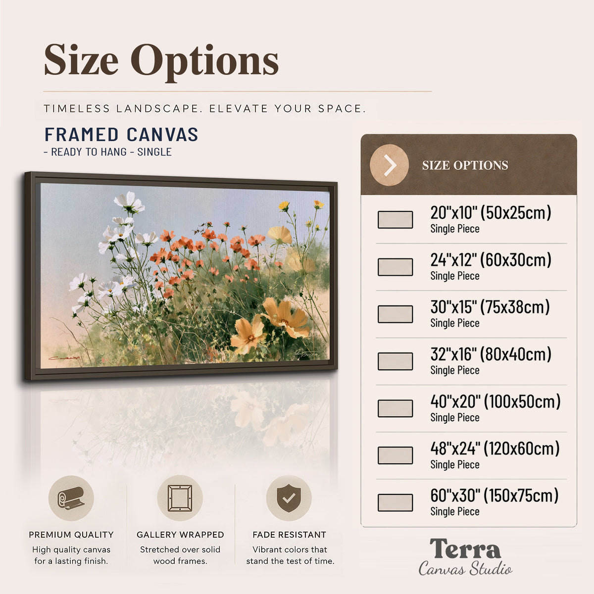 White and orange meadow flowers with fine green stems under a pale sky single framed canvas wall art available dimensions