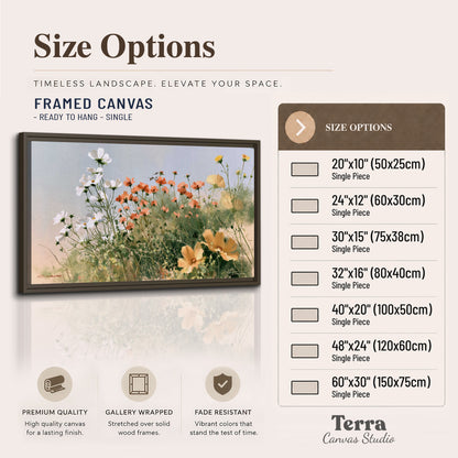White and orange meadow flowers with fine green stems under a pale sky single framed canvas wall art available dimensions