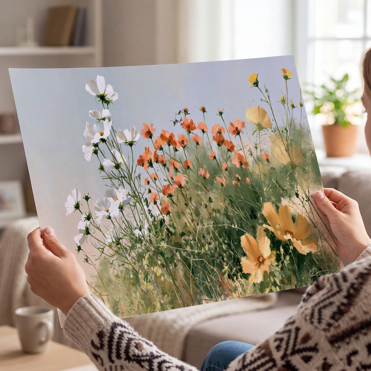 White and orange meadow flowers with fine green stems under a pale sky single poster print held in hands