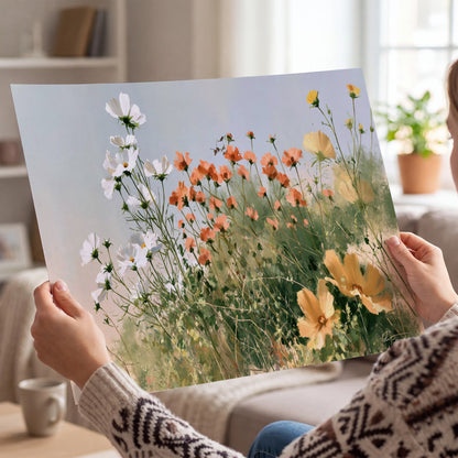 White and orange meadow flowers with fine green stems under a pale sky single poster print held in hands