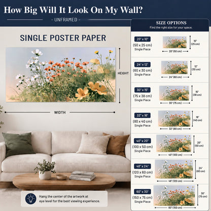 White and orange meadow flowers with fine green stems under a pale sky single poster print size guide above a sofa; room view is illustrative