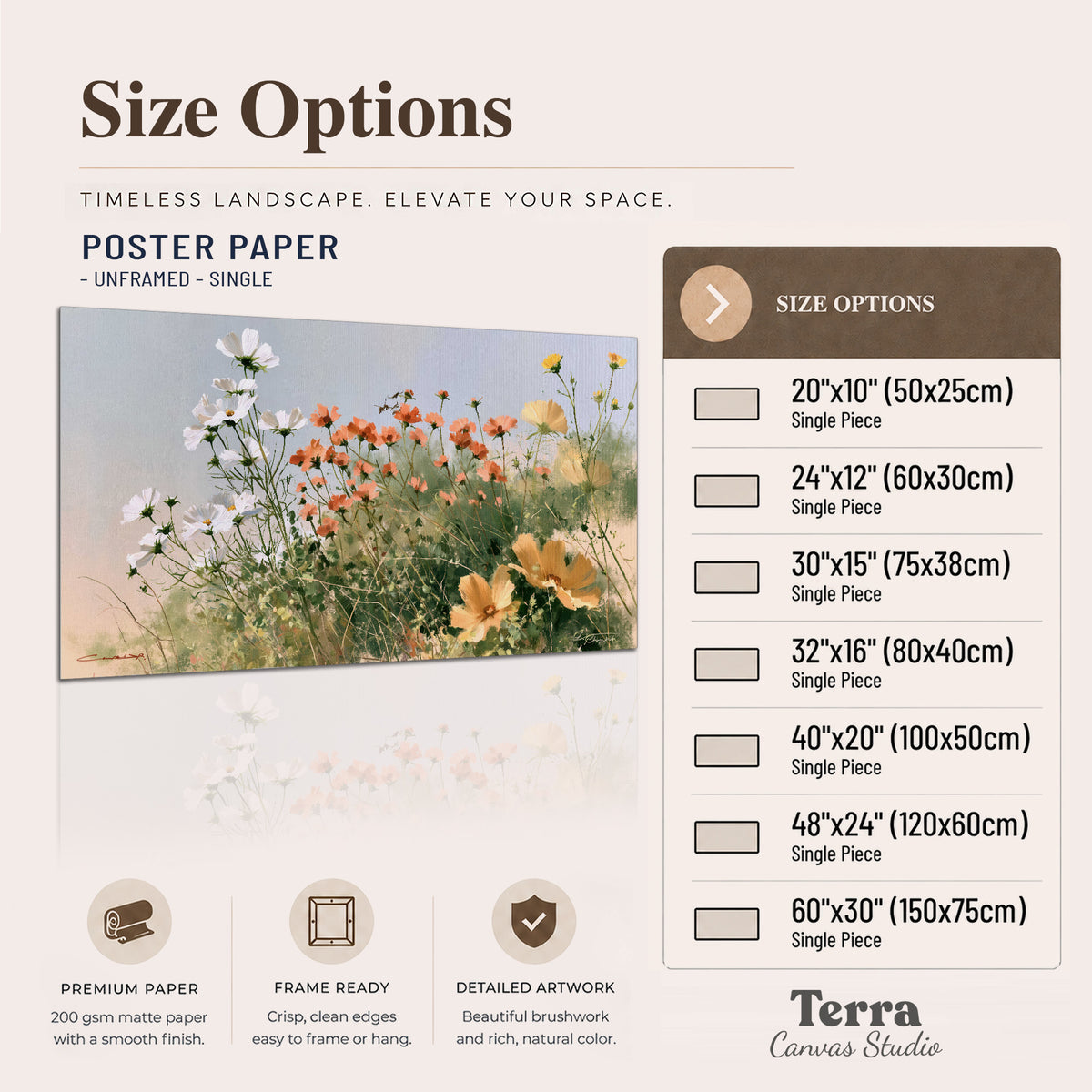 White and orange meadow flowers with fine green stems under a pale sky single poster print available dimensions