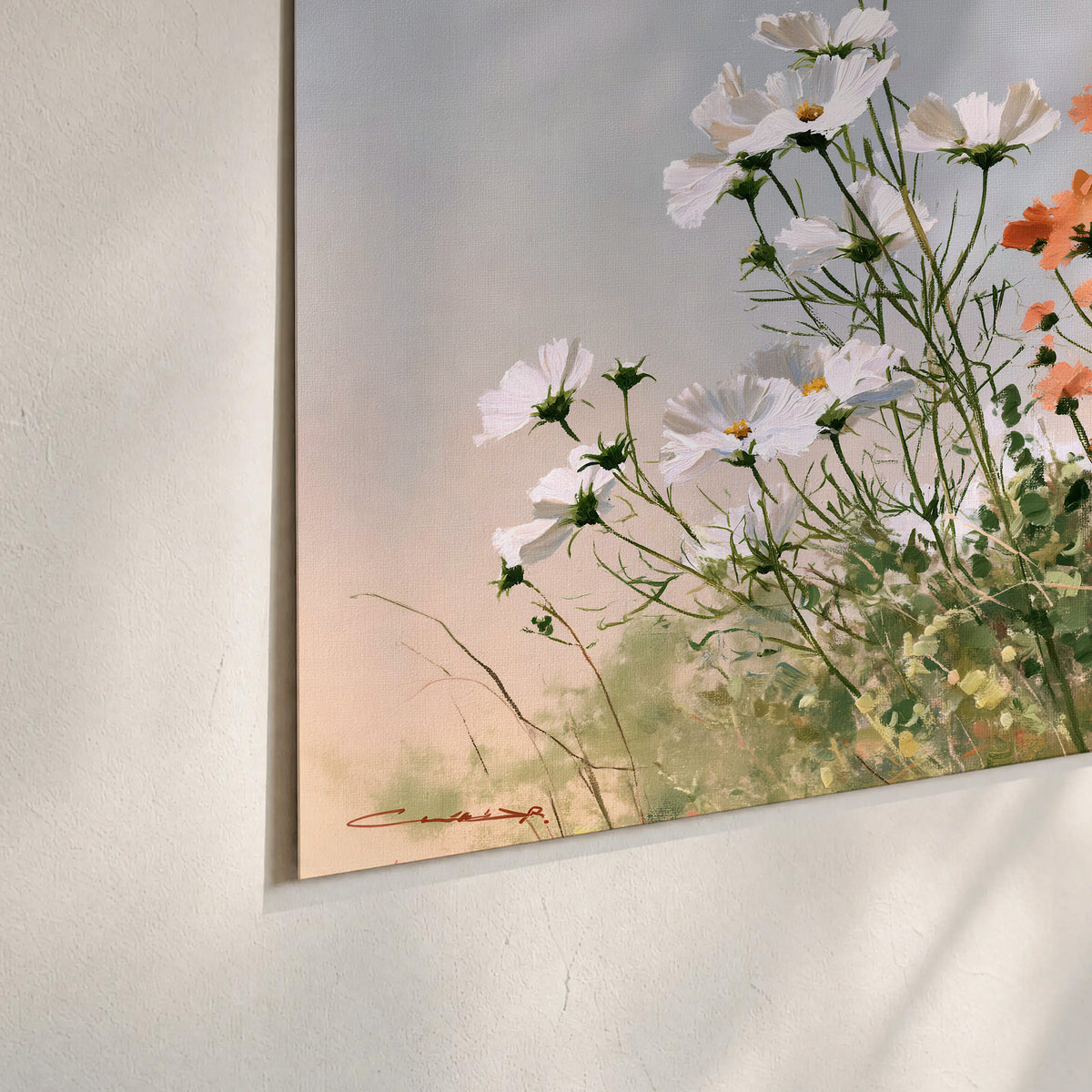 White and orange meadow flowers with fine green stems under a pale sky set of 3 poster prints material and edge close up