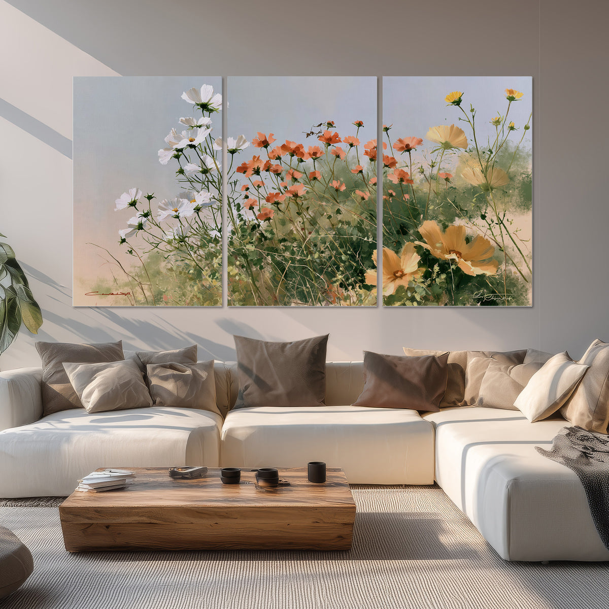 White and orange meadow flowers with fine green stems under a pale sky set of 3 poster prints displayed in a living room