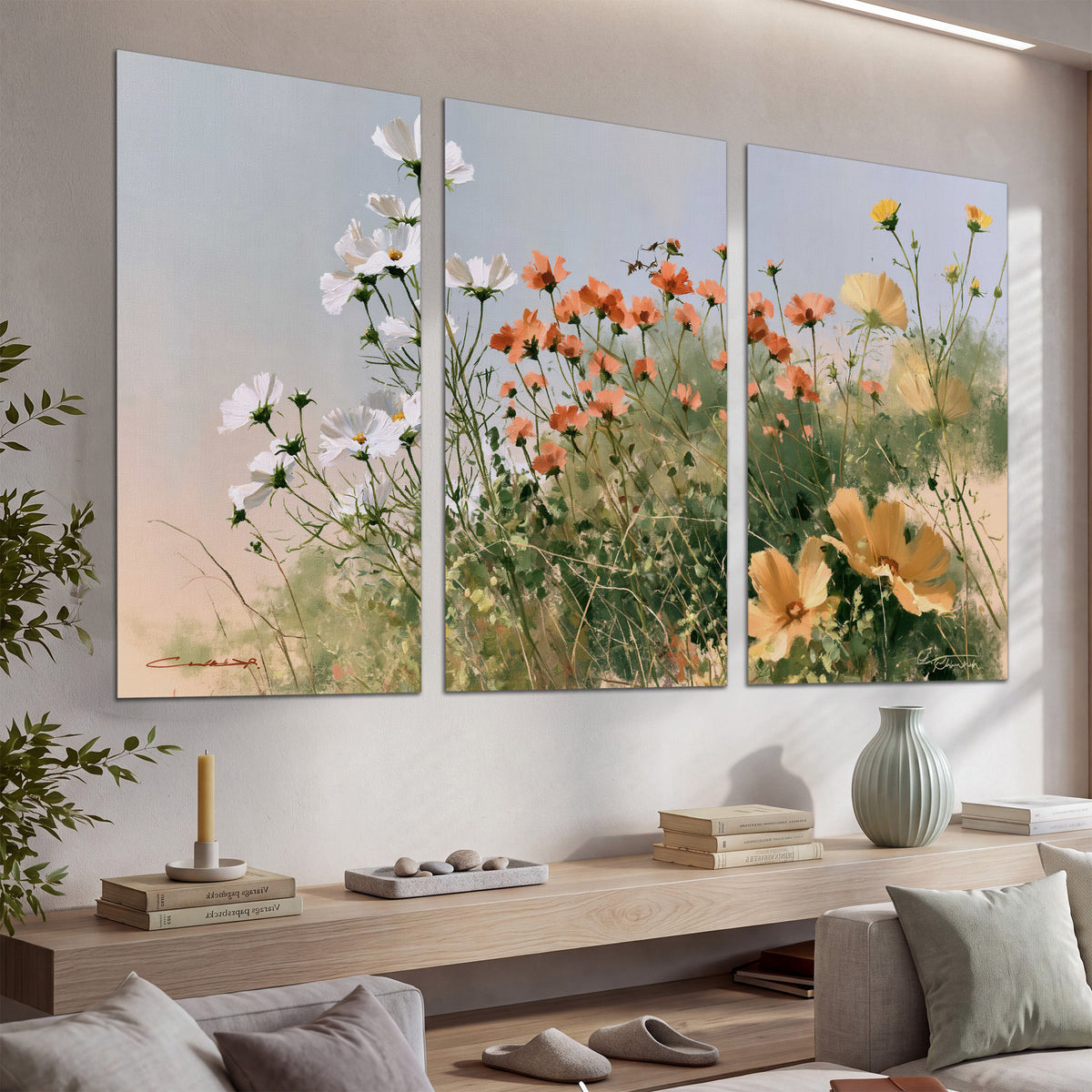 White and orange meadow flowers with fine green stems under a pale sky set of 3 poster prints displayed in a console