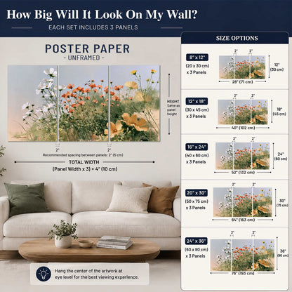 White and orange meadow flowers with fine green stems under a pale sky set of 3 poster prints size guide above a sofa; room view is illustrative