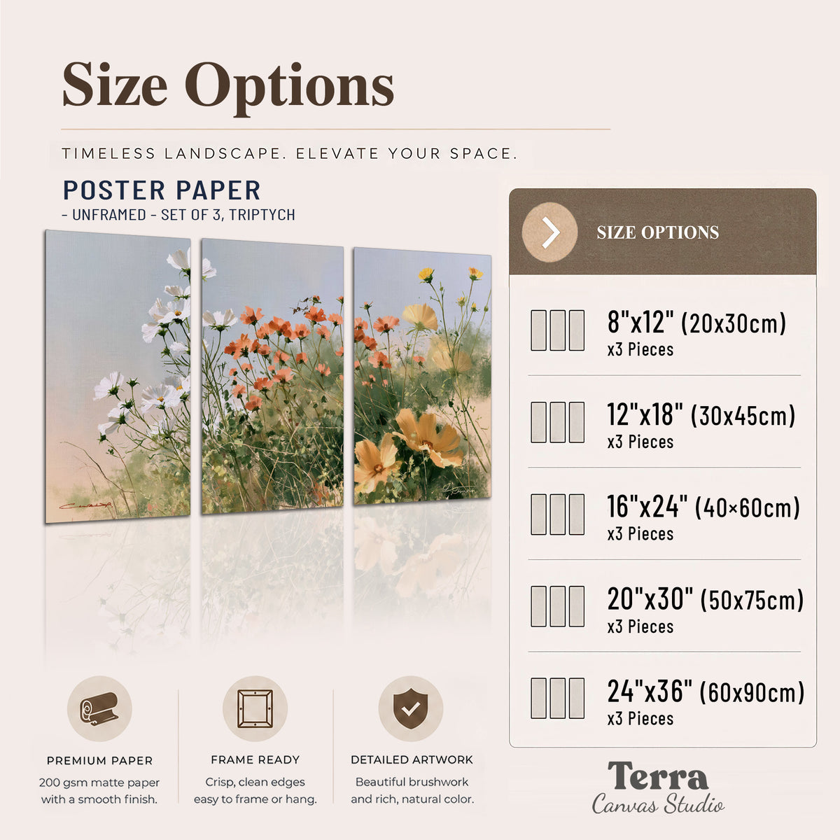 White and orange meadow flowers with fine green stems under a pale sky set of 3 poster prints available dimensions; triptych dimensions are per panel