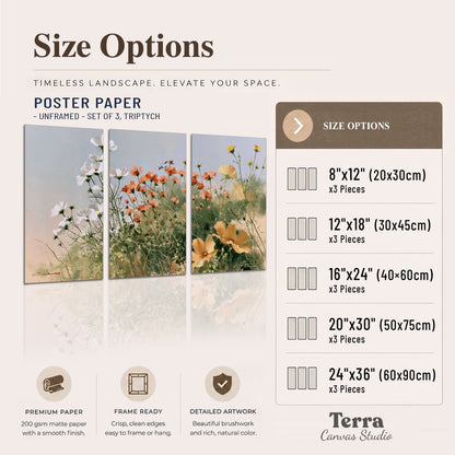 White and orange meadow flowers with fine green stems under a pale sky set of 3 poster prints available dimensions; triptych dimensions are per panel