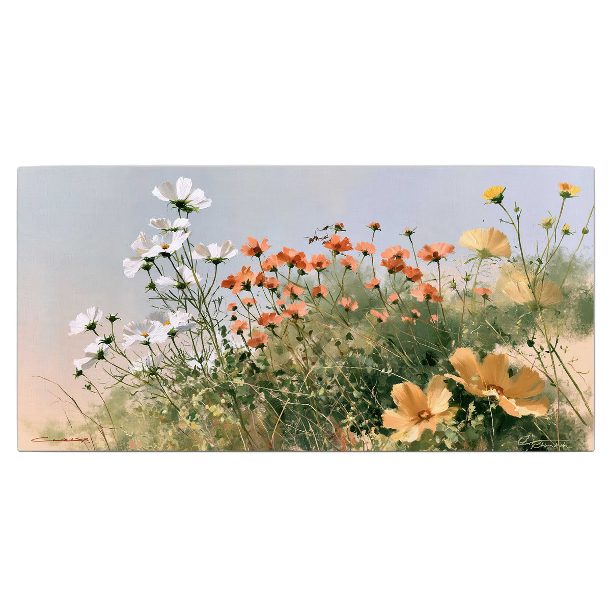 White and orange meadow flowers with fine green stems under a pale sky single canvas wall art viewed straight on