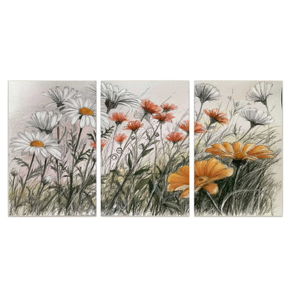 Fine dark stems and white daisies with warm orange accents in a delicate botanical composition 3 piece canvas wall art viewed straight on