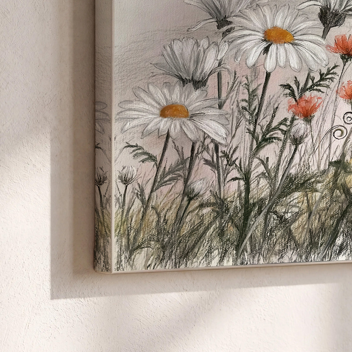 Fine dark stems and white daisies with warm orange accents in a delicate botanical composition 3 piece canvas wall art material and edge close up