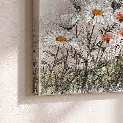 Fine dark stems and white daisies with warm orange accents in a delicate botanical composition 3 piece canvas wall art material and edge close up