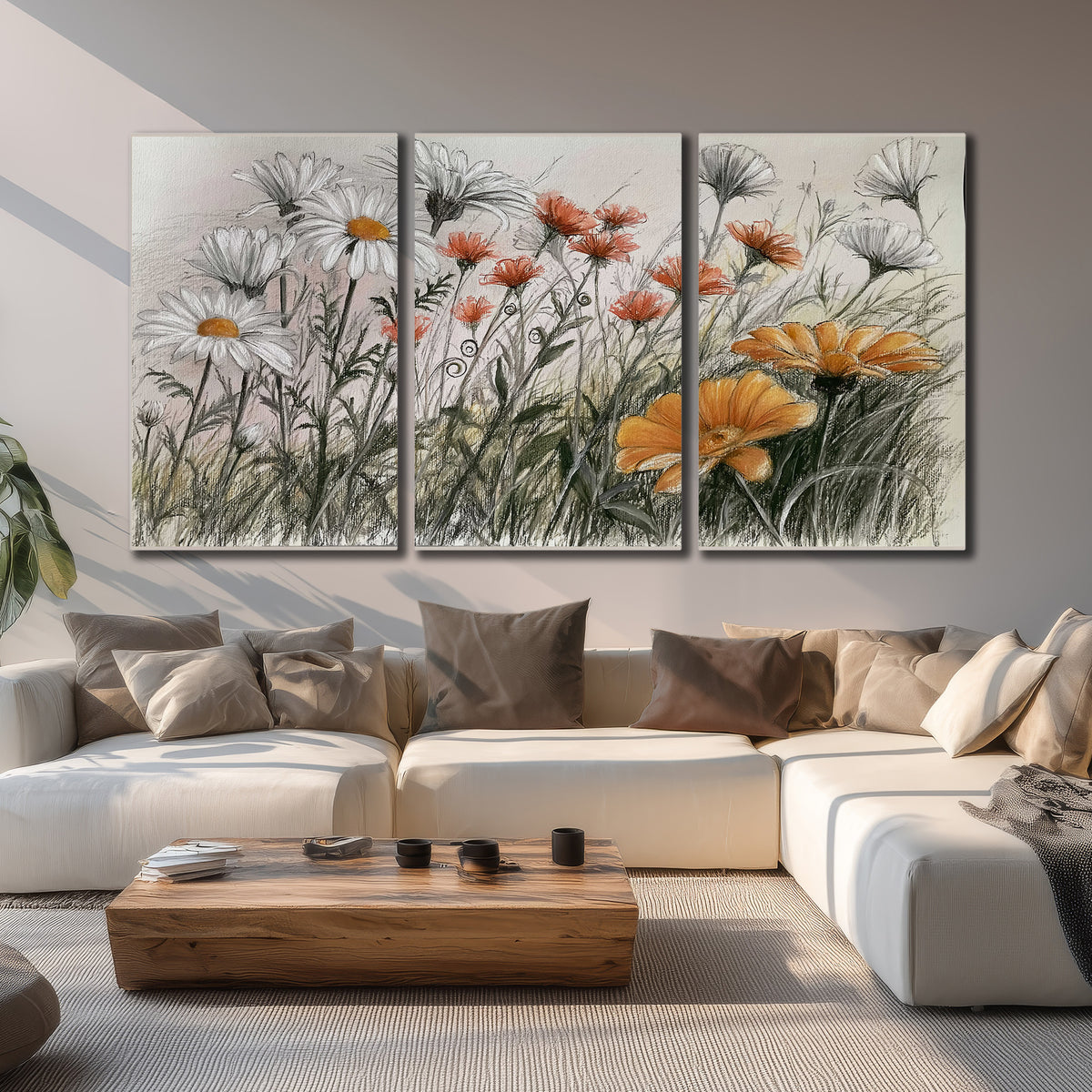 Fine dark stems and white daisies with warm orange accents in a delicate botanical composition 3 piece canvas wall art displayed in a living room