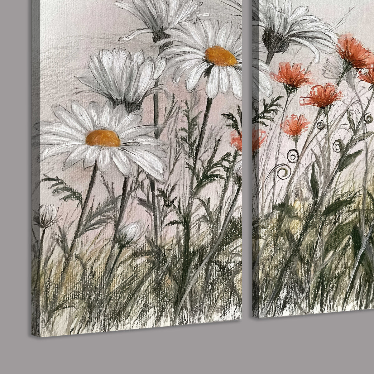 Fine dark stems and white daisies with warm orange accents in a delicate botanical composition 3 piece canvas wall art room and product view