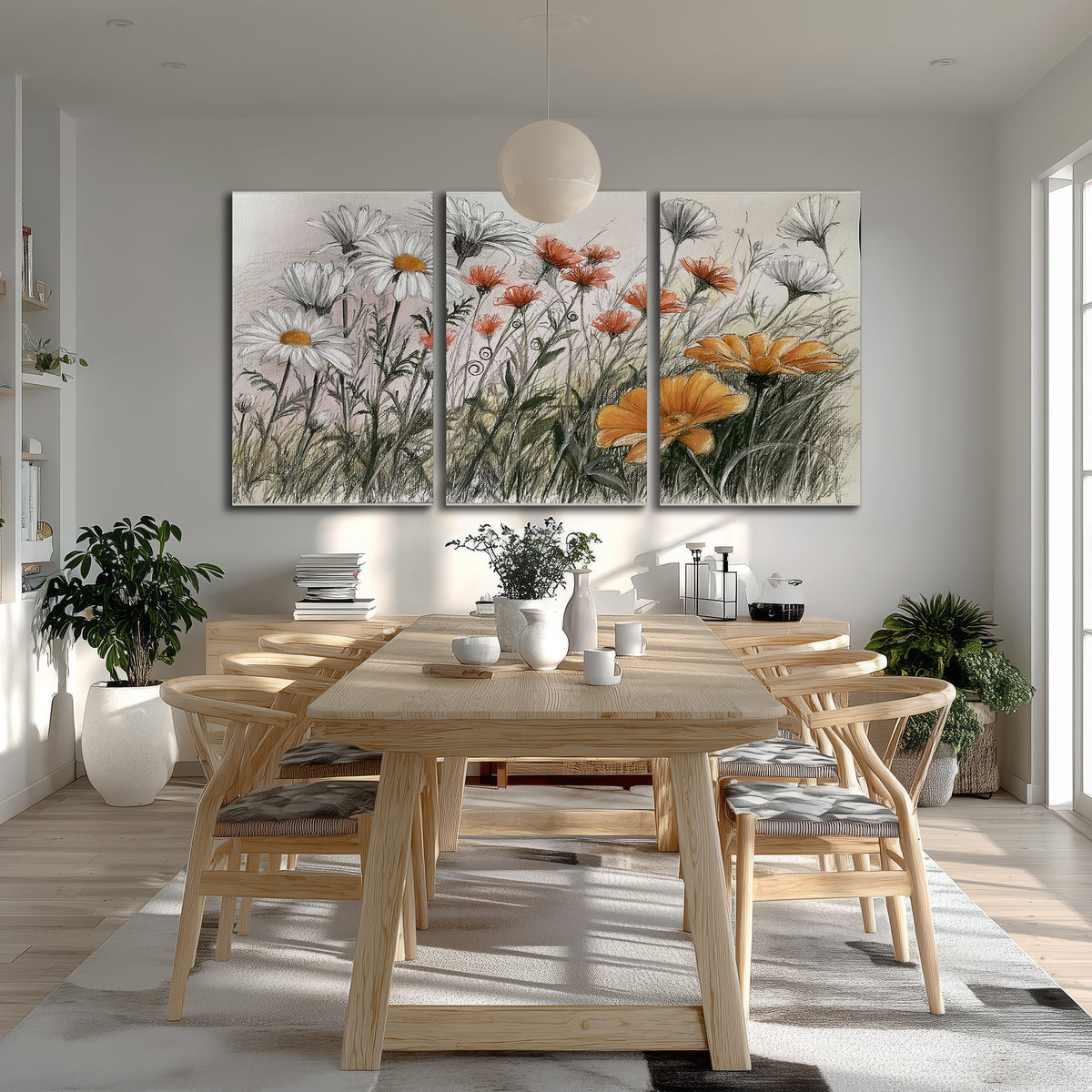Fine dark stems and white daisies with warm orange accents in a delicate botanical composition 3 piece canvas wall art room and product view
