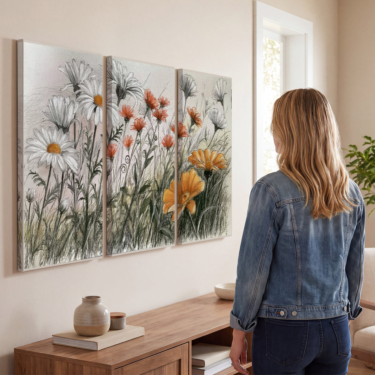 Fine dark stems and white daisies with warm orange accents in a delicate botanical composition 3 piece canvas wall art three panel arrangement on a wall