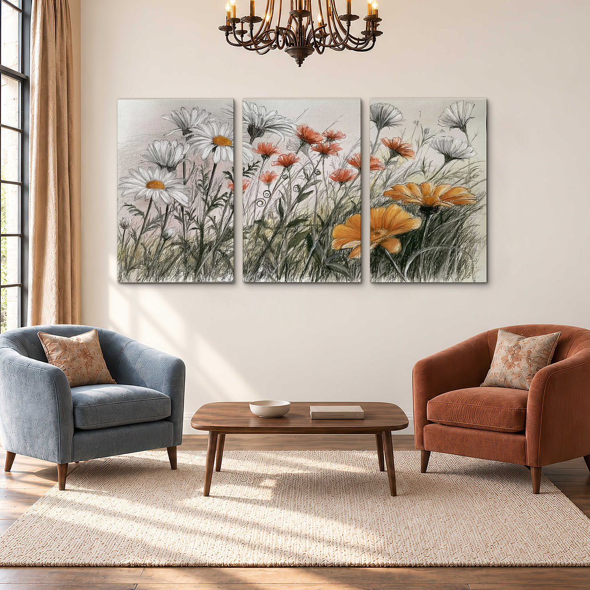 Fine dark stems and white daisies with warm orange accents in a delicate botanical composition 3 piece canvas wall art styled in an interior