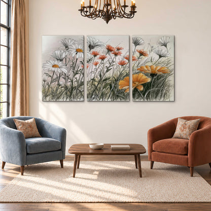 Fine dark stems and white daisies with warm orange accents in a delicate botanical composition 3 piece canvas wall art styled in an interior