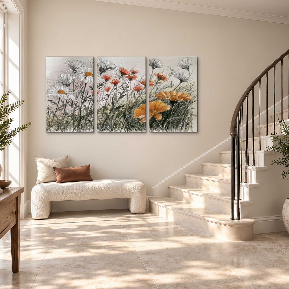 Fine dark stems and white daisies with warm orange accents in a delicate botanical composition 3 piece canvas wall art styled in an interior