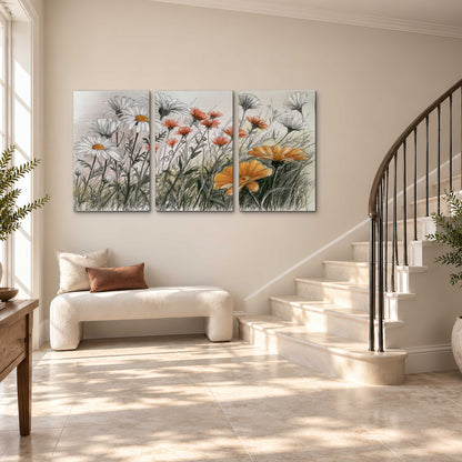 Fine dark stems and white daisies with warm orange accents in a delicate botanical composition 3 piece canvas wall art styled in an interior